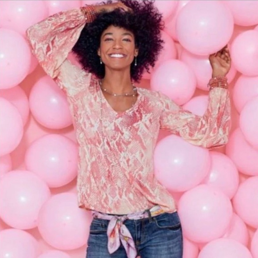CAbi Pink Printed V-Neck Blouse